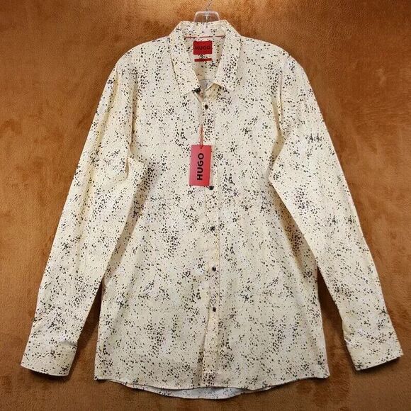 HUGO BOSS Shirt Mens 15.5 39 Tan Spotted Button Up Extra Slim Fit ELISHA $138 - Picture 2 of 9